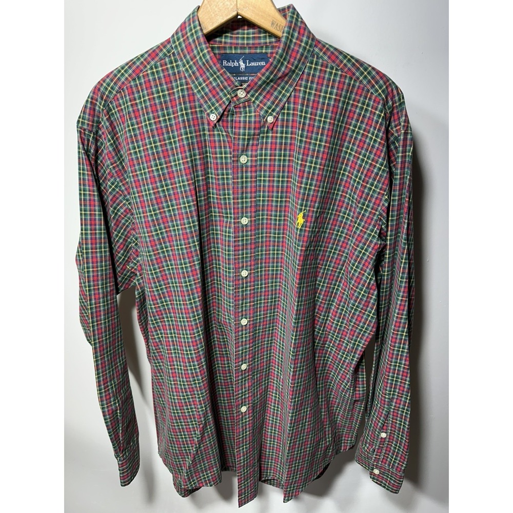 Polo Ralph Lauren Men's Classic Fit Red & Green Plaid Buttondown Shirt, Large